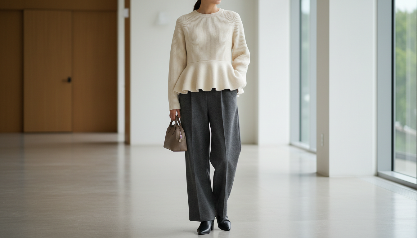 Стилизованный образ: трикотажный свитер с мягкой, но формоустойчивой баской, надетый поверх широких брюк.