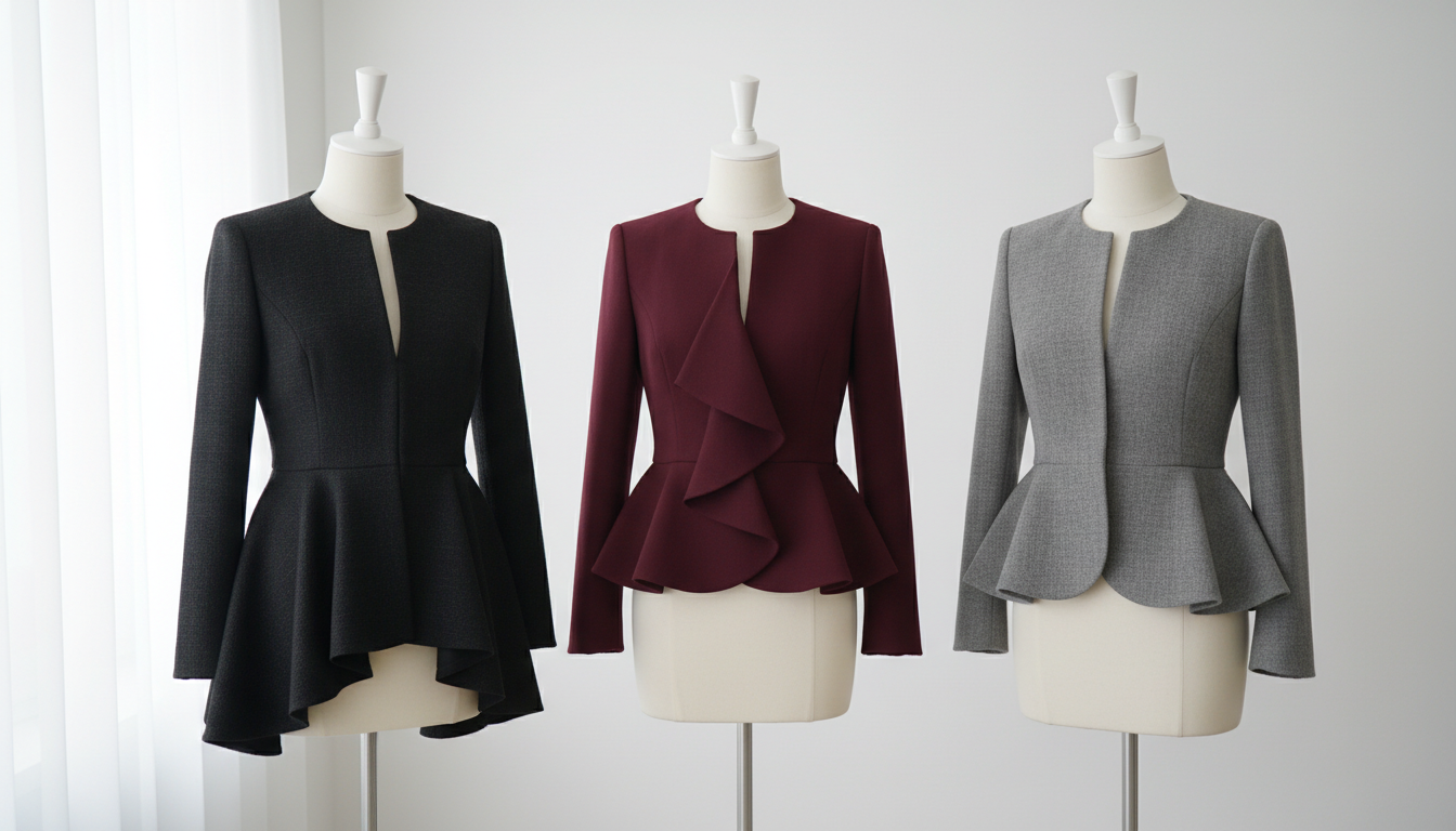 Коллекция жакетов с баской разных цветов (черный, бургунди, серый) на манекенах, демонстрирующая разнообразие кроя.