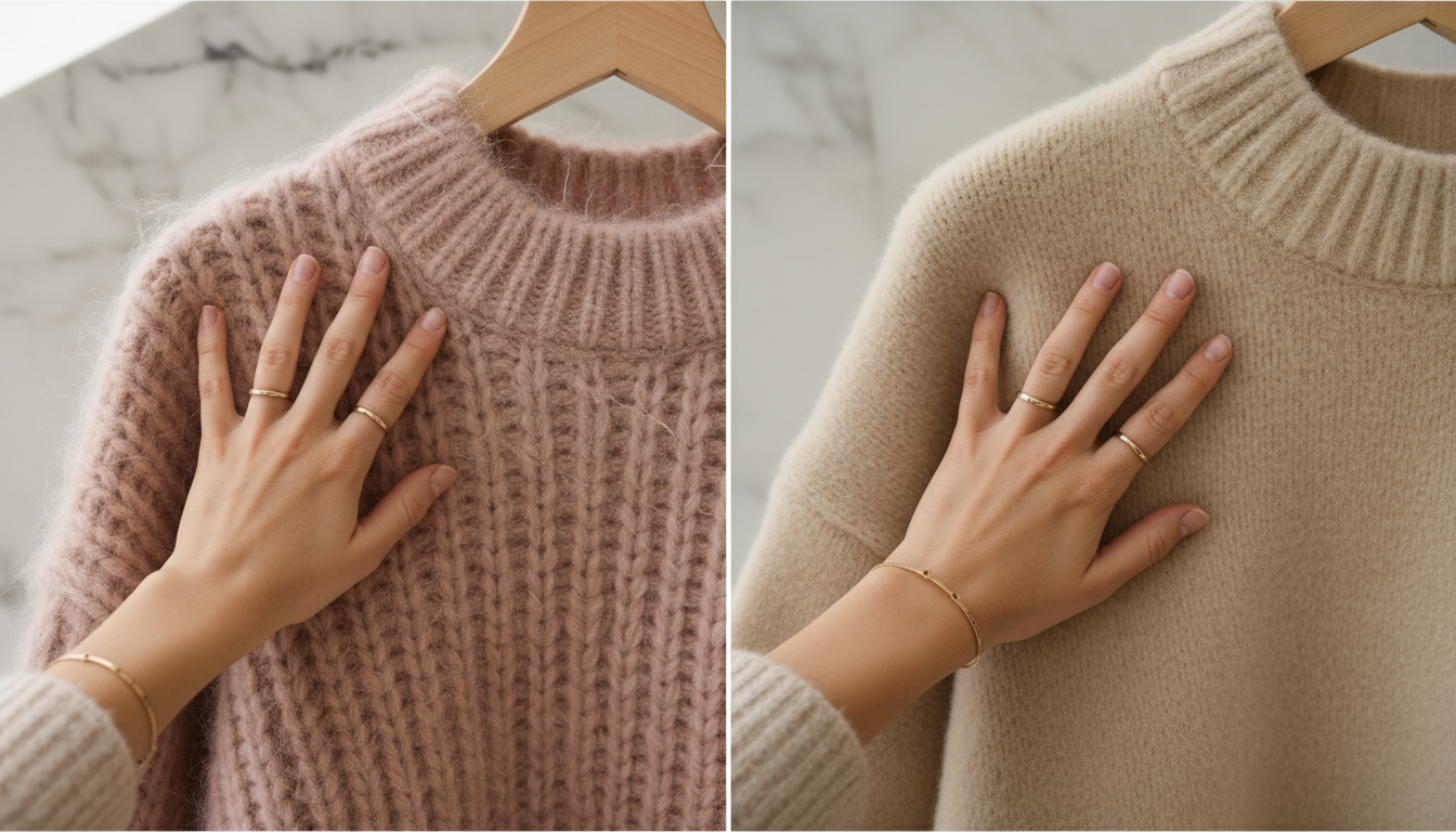 Сравнение крупной вязки из мохера и более плотного, плюшевого трикотажа из альпаки.