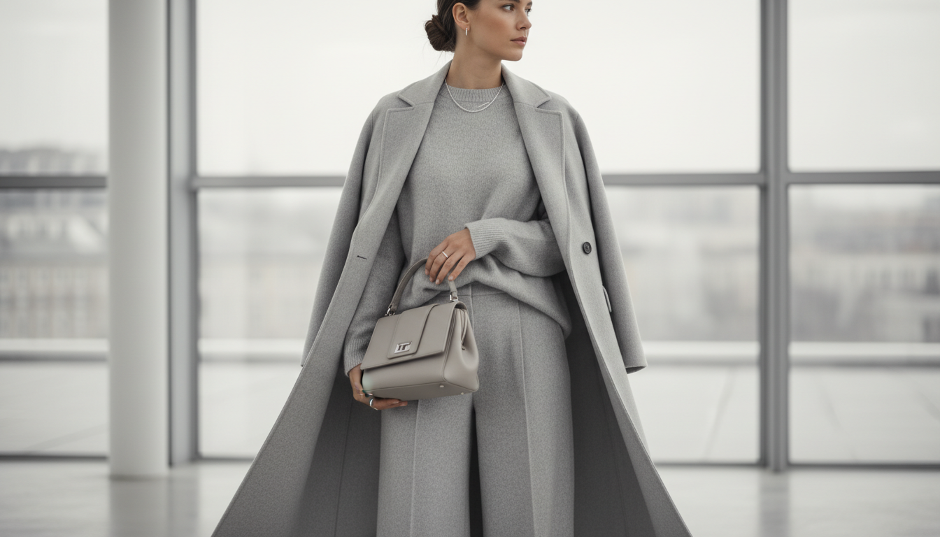 Монохромный образ: Женщина в светло-сером комплекте из свитера альпака и широких брюк, накинуто пальто-макси.