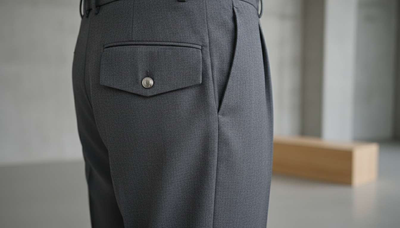 Детальный снимок накладного кармана на бедре классического серого брючного костюма. Карман имеет четкую прямоугольную форму и застежку на кнопку.