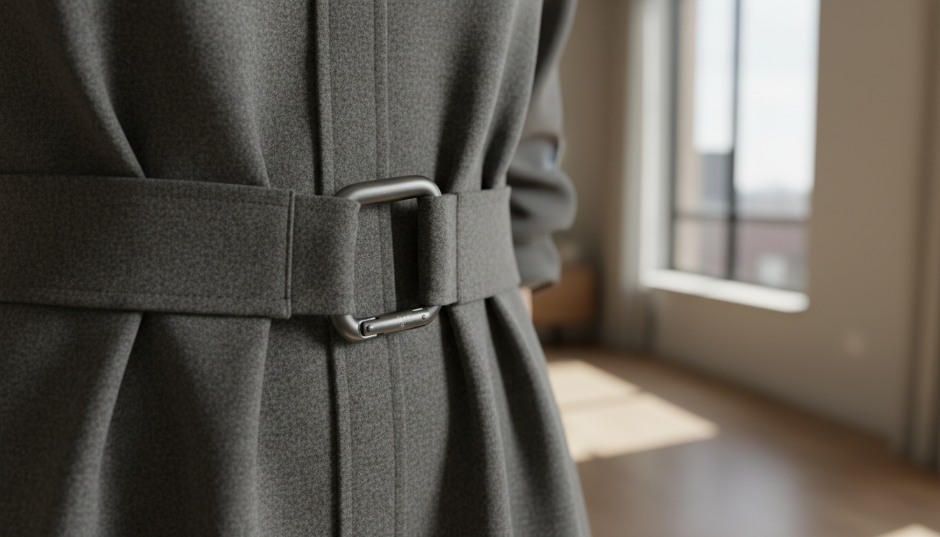 Ближний план на матовый металлический карабин, используемый как застежка на поясе шерстяного платья-рубашки.