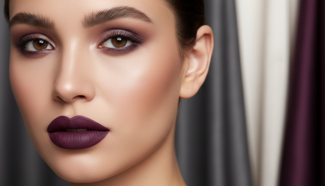 Крупный план макияжа с идеально очерченными темно-сливовыми матовыми губами.
