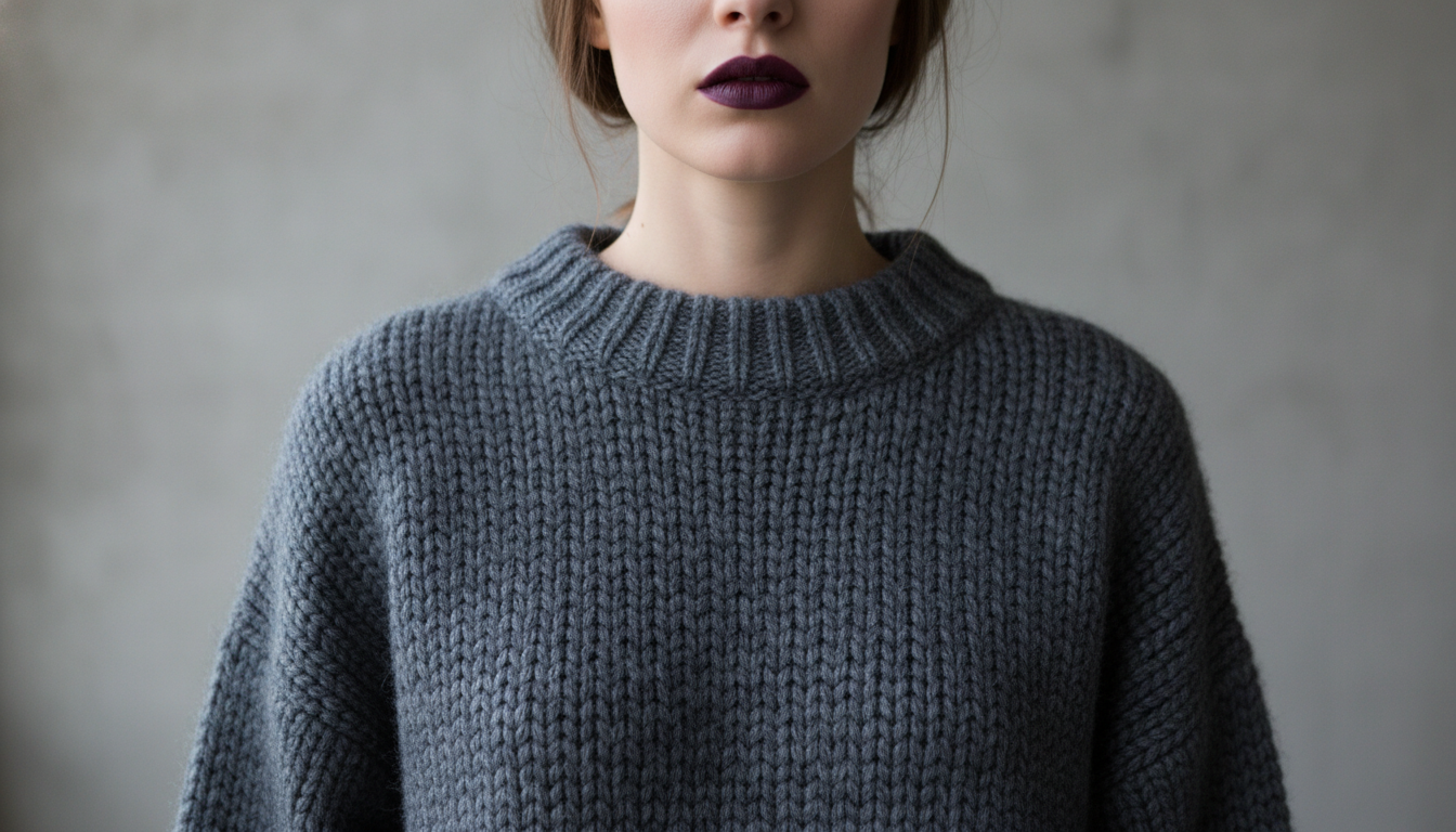 Модель в объемном свитере крупной вязки цвета графита с темно-сливовой матовой помадой.