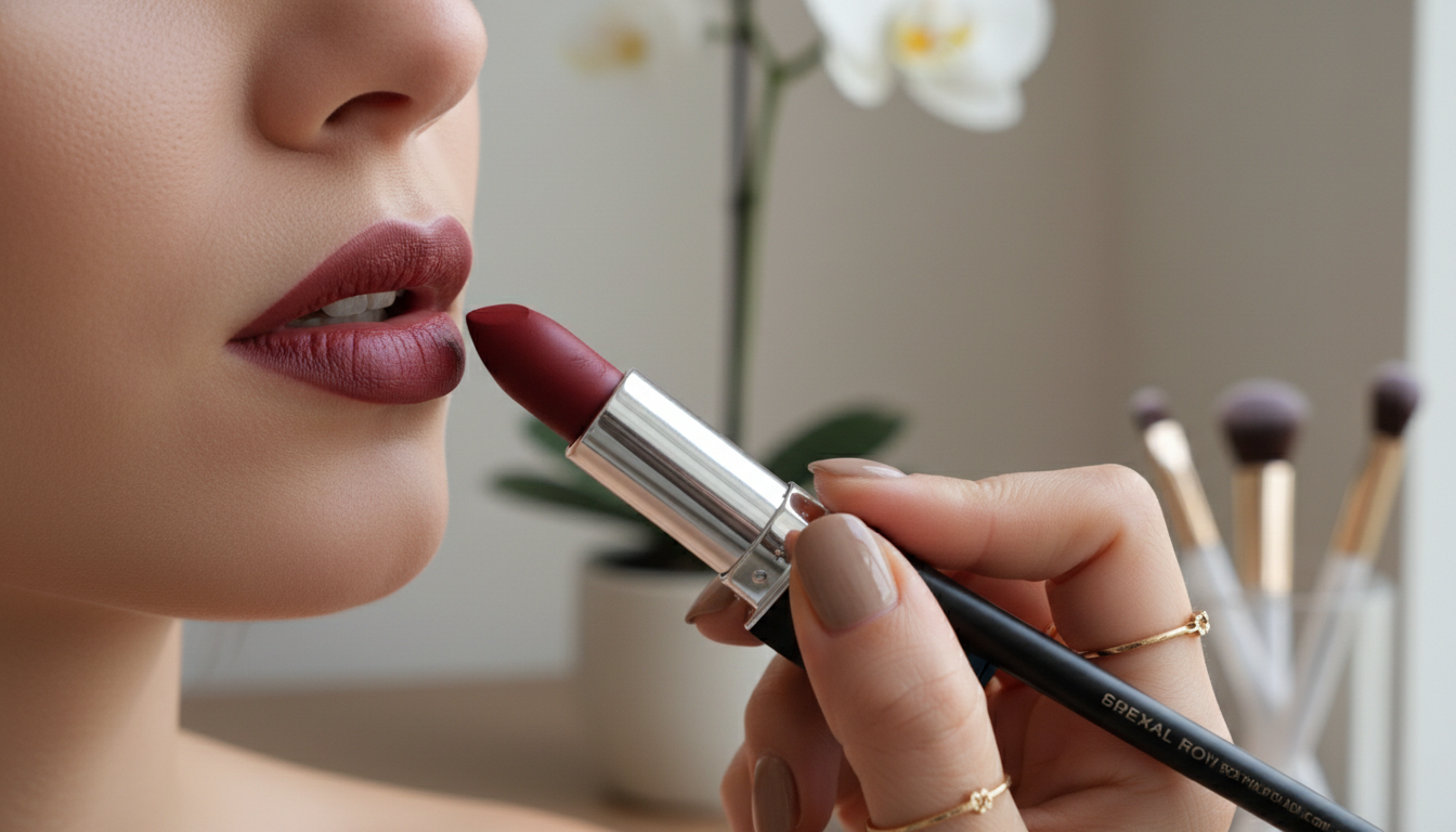 Процесс нанесения темного карандаша для губ и последующее заполнение матовой помадой.