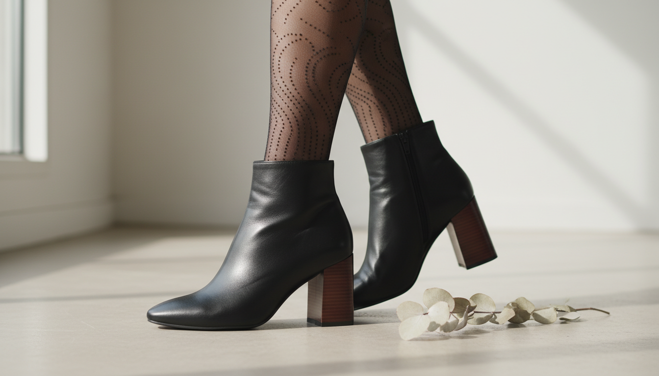 Детализированный снимок колготок с мелким монохромным узором, стилизованных с ботильонами на устойчивом каблуке.