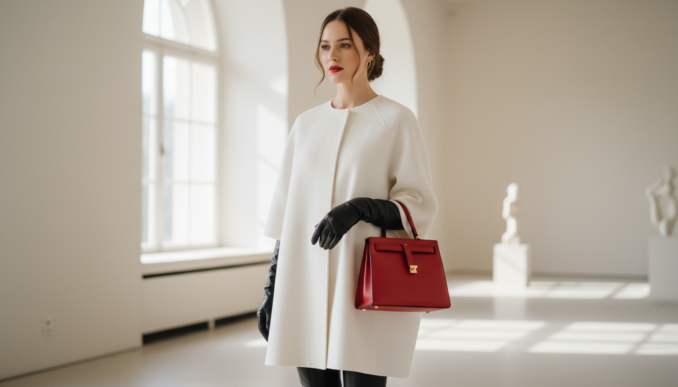 Девушка в белом шерстяном пальто-коконе с рукавом три четверти и длинными кожаными перчатками, держащая в руке красную каркасную сумку