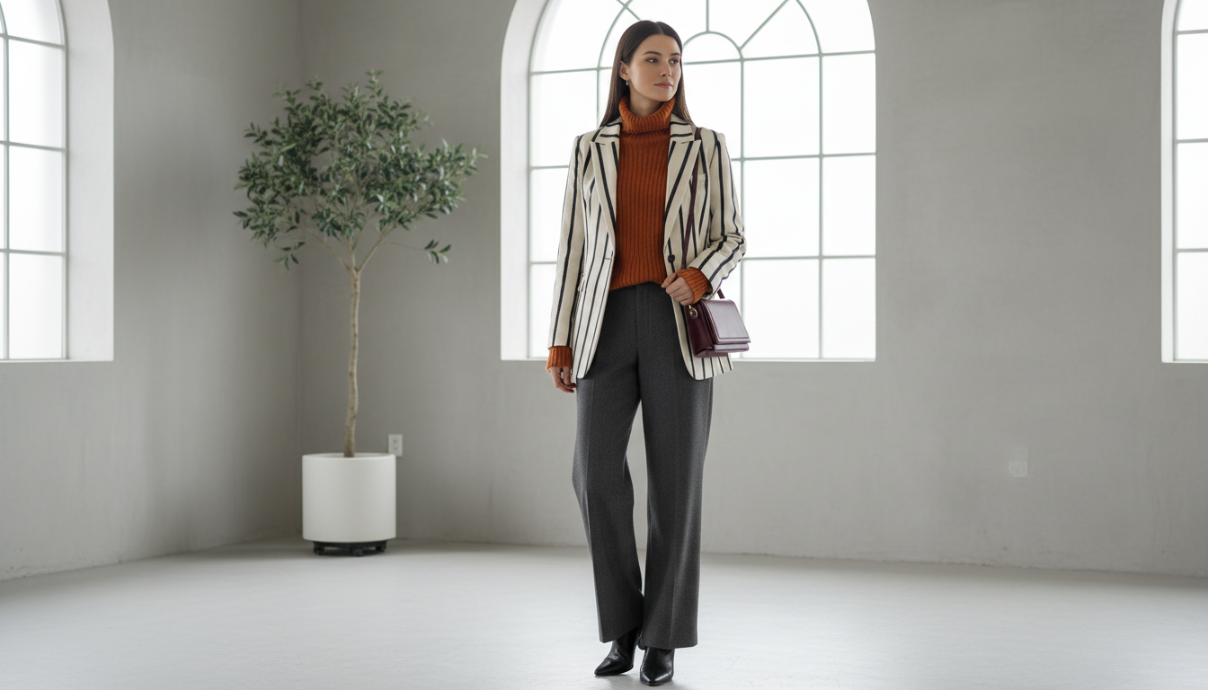 Стилизация полосатого жакета с высоким воротником и ярко-оранжевым свитером крупной вязки.