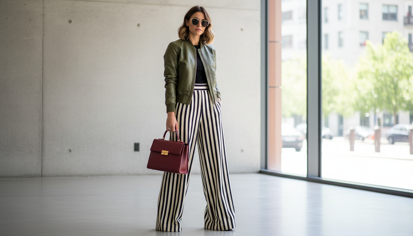 Женщина в полосатых брюках-палаццо и контрастном кожаном бомбере, держащая в руках структурированную сумку.