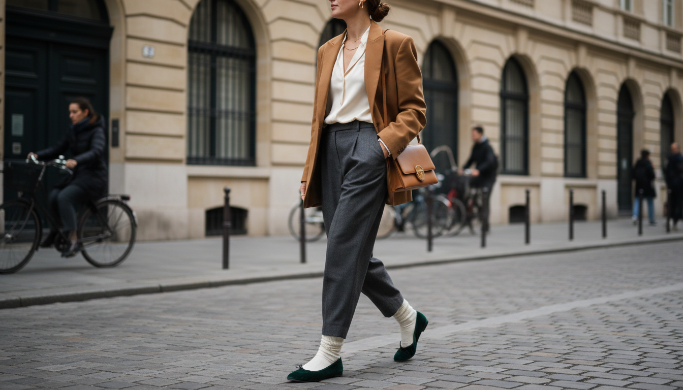 Женщина, идущая по городу в брюках Voluminous Tailoring и бархатных балетках с контрастными носками.