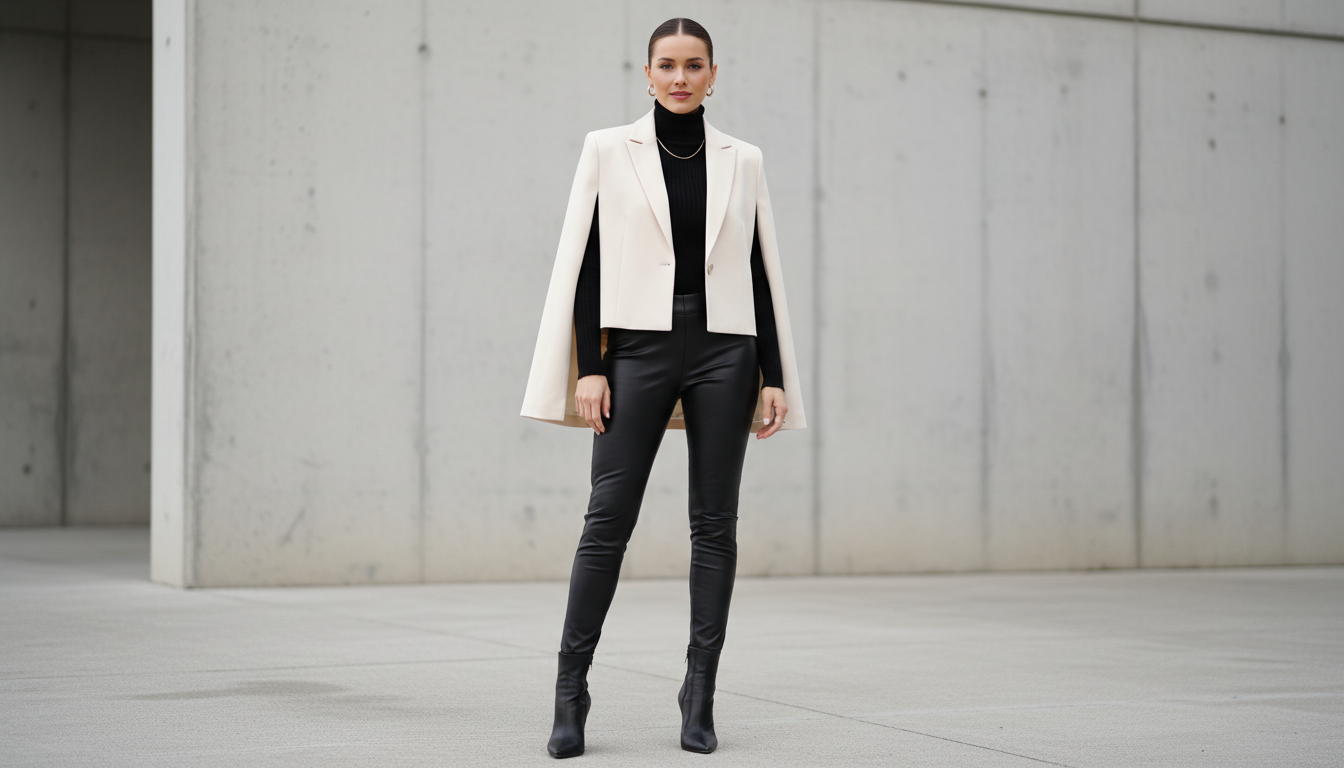 Девушка в укороченном кейпе-блейзере, под которым видны облегающие черные кожаные брюки и водолазка.