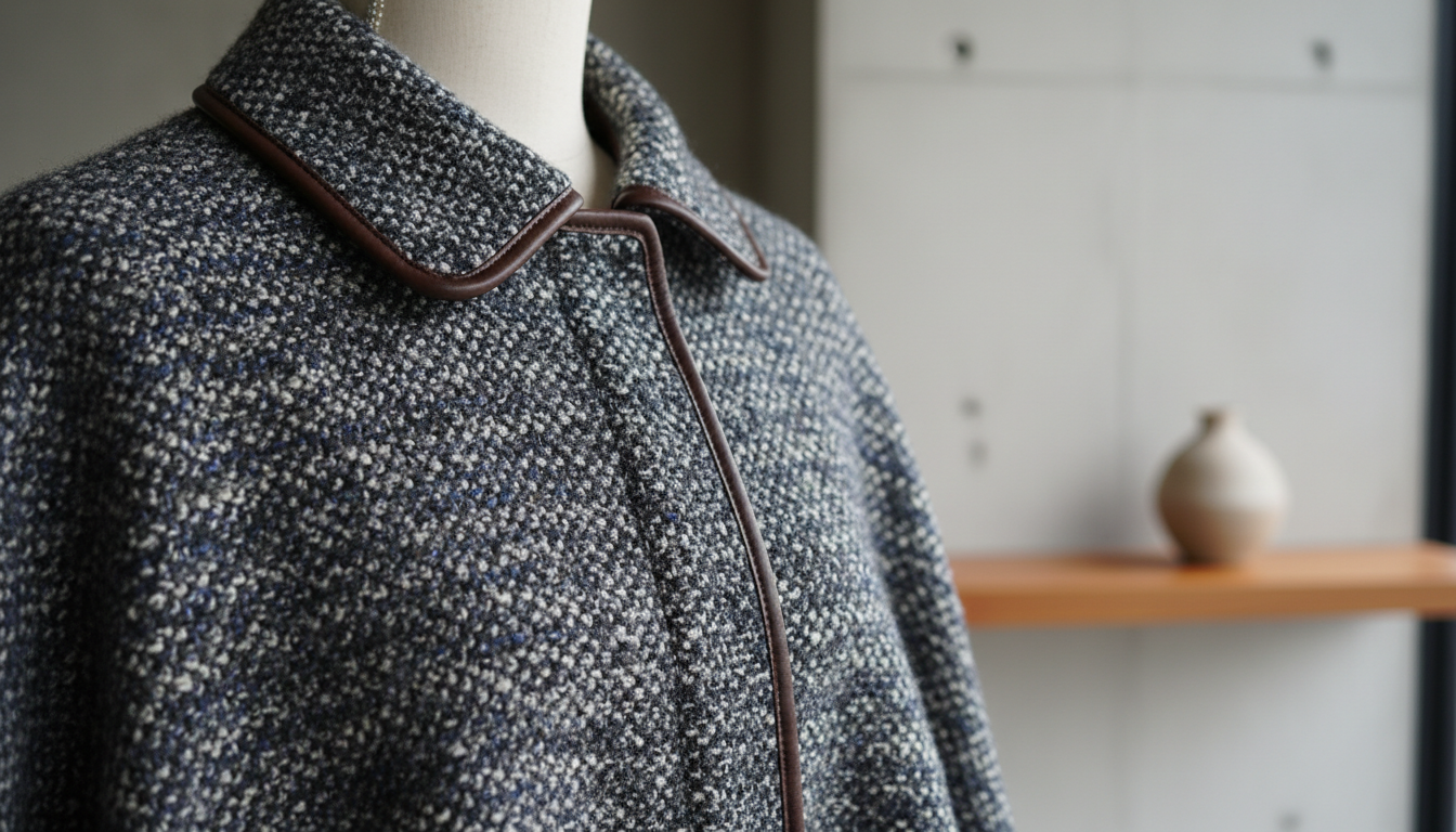 Деталь: воротник и текстура кейпа из крупного твида с кожаной окантовкой.