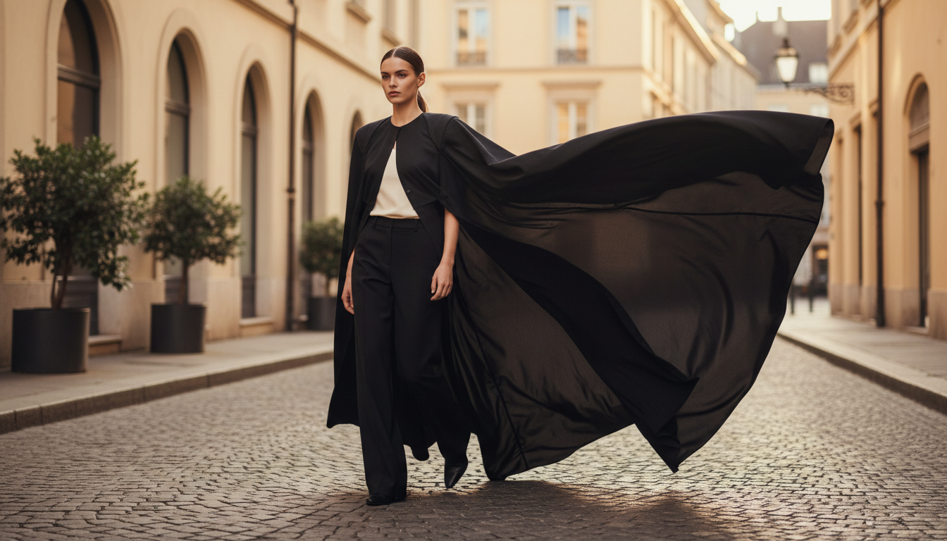 Модель, идущая по улице, демонстрирующая эффект «крыльев» при движении в длинном кейпе.