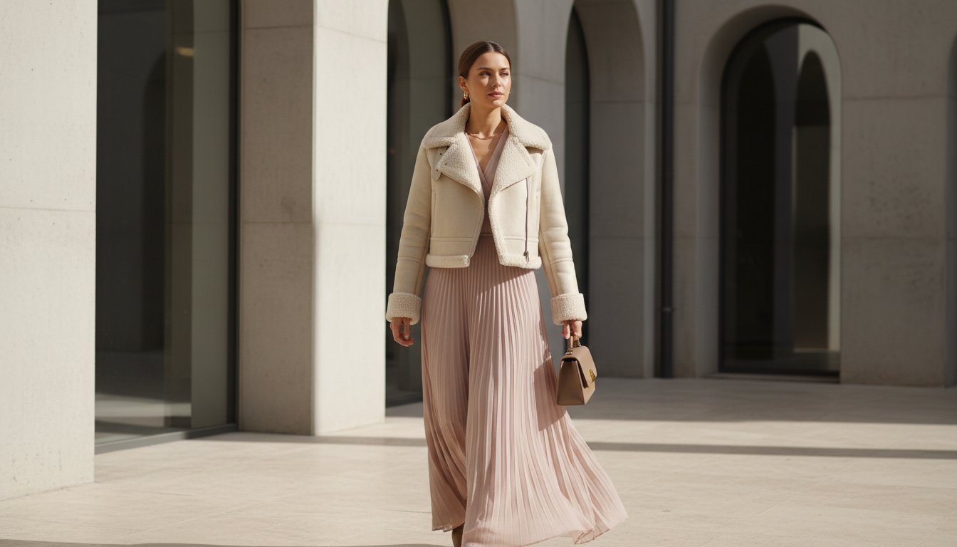 Девушка в укороченной дубленке с белой овчиной и длинном плиссированном платье пастельного оттенка.