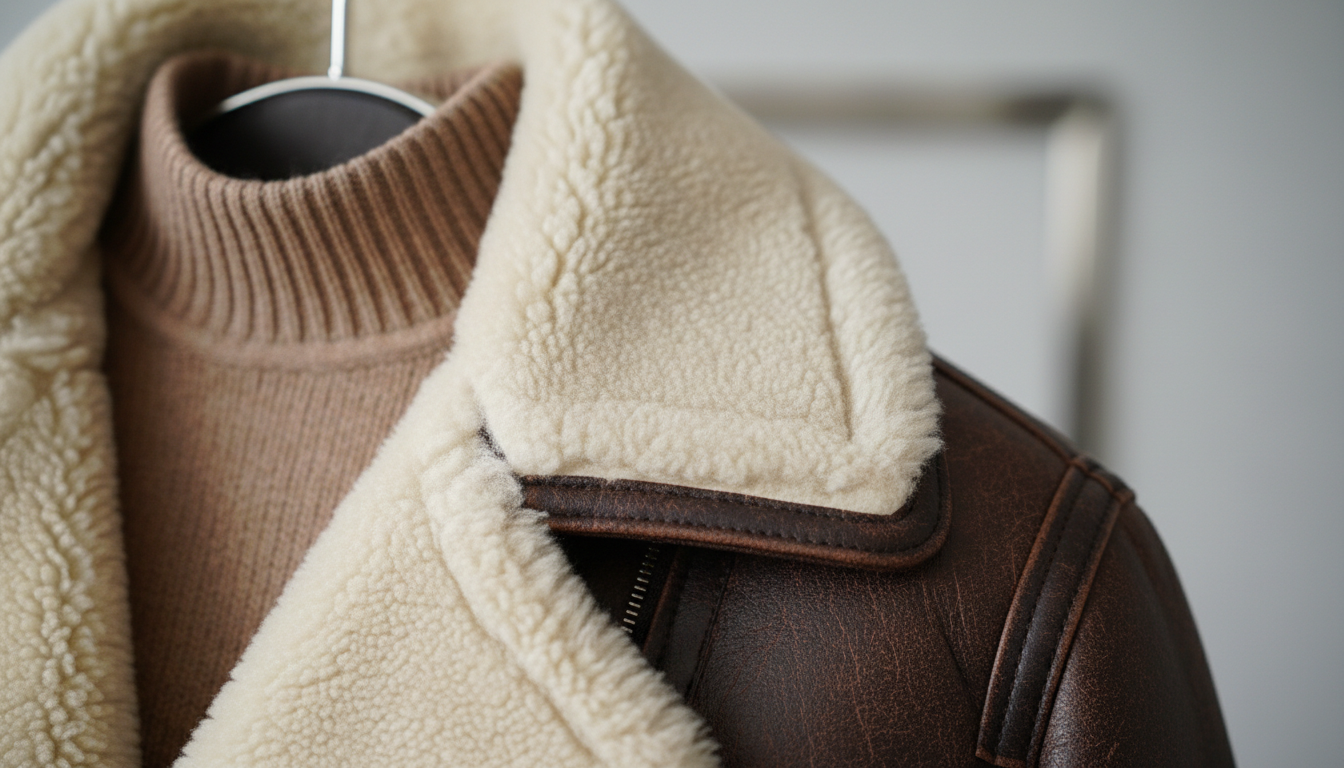 Крупный план воротника дубленки-авиатора, демонстрирующий густую, кремовую овчину и состаренную кожаную отделку.