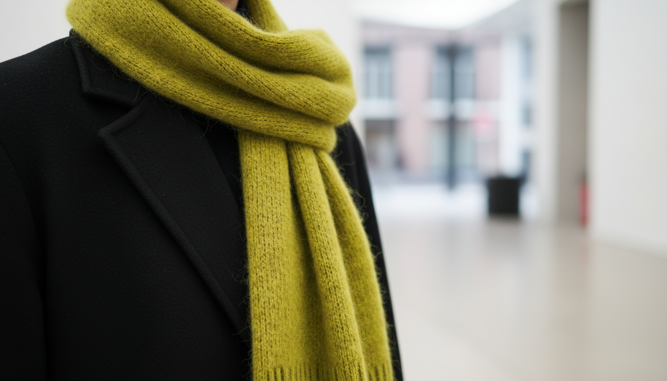 Крупный план шарфа из мохера цвета шартрез, накинутого на черное пальто.