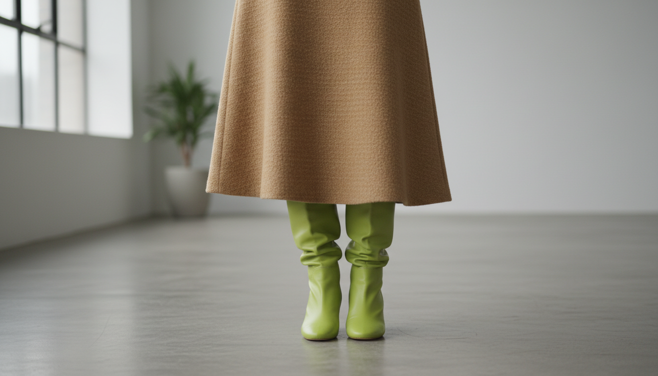 Высокие лаймовые сапоги-трубы, выглядывающие из-под шерстяной юбки-миди цвета кэмел.