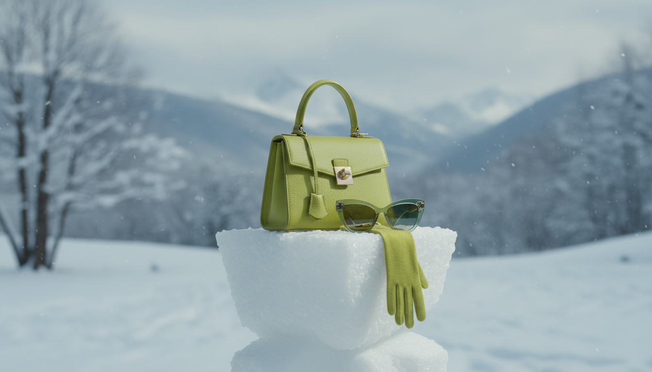 Стилизованный натюрморт с лаймовой сумкой, перчатками и очками на фоне зимнего пейзажа.