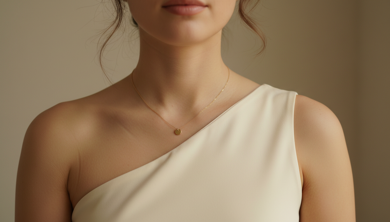 Крупный план на ключицы, подчеркнутые вырезом One-Shoulder, с минималистичным золотым колье.