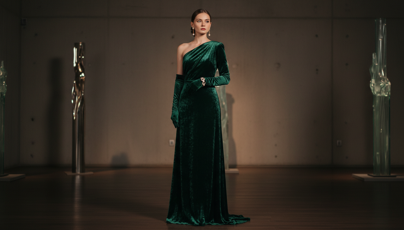 Вечерний образ: длинное платье One-Shoulder из бархата, дополненное оперными перчатками.