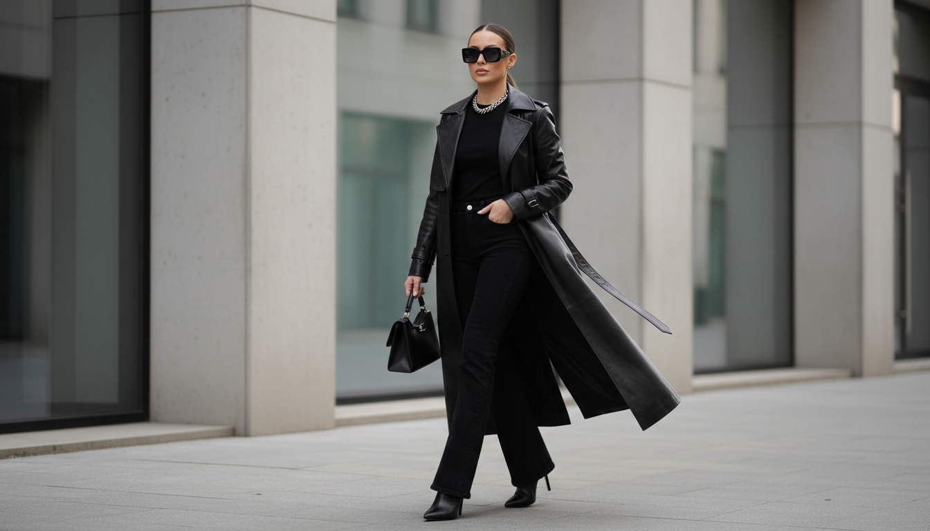 Фэшн-инфлюенсер в черных джинсах-клеш, черном кожаном плаще и черных ботильонах на высоком каблуке. Сдержанный, но мощный образ.