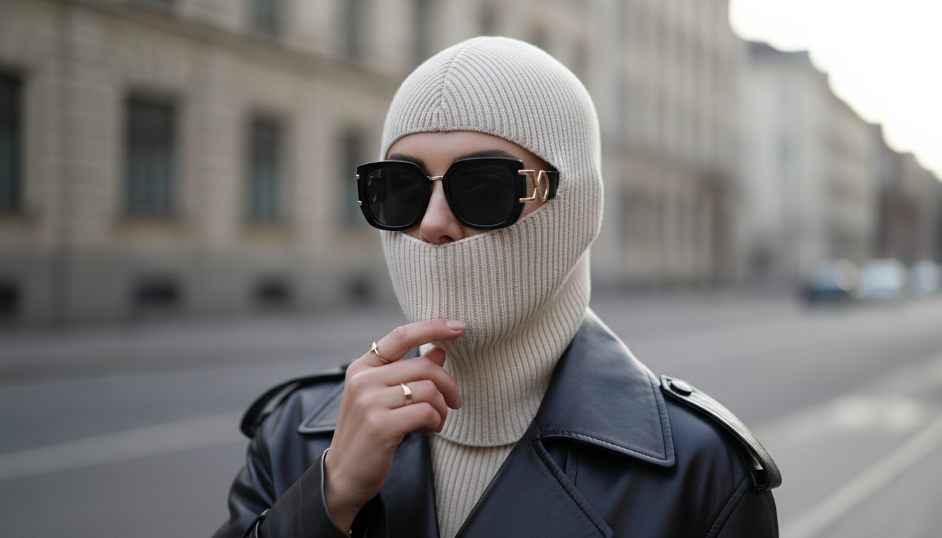 Крупный план, демонстрирующий, как трикотажный капор в рубчик стилизован с кожаным плащом и солнцезащитными очками.