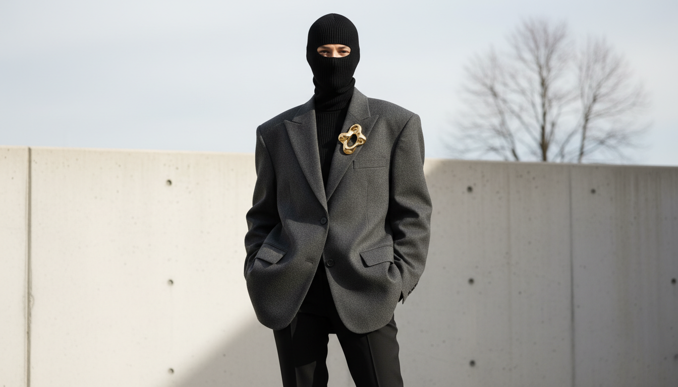 Стилизованный образ: черная балаклава из тонкого трикотажа, надетая под объемный серый шерстяной жакет с широкими плечами и золотой брошью.