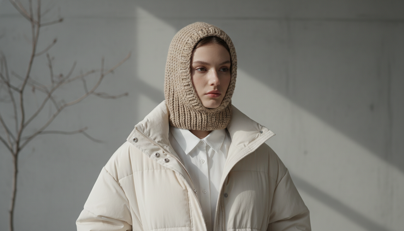 Девушка в бежевом капоре из крупной вязки, который надет поверх белой рубашки и под оверсайз-пуховик.