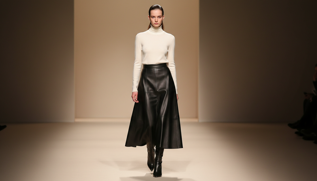 Изображение с подиума: юбка-макси из черной кожи с заниженной талией, стилизованная с тонким свитером и остроносыми сапогами на шпильке.