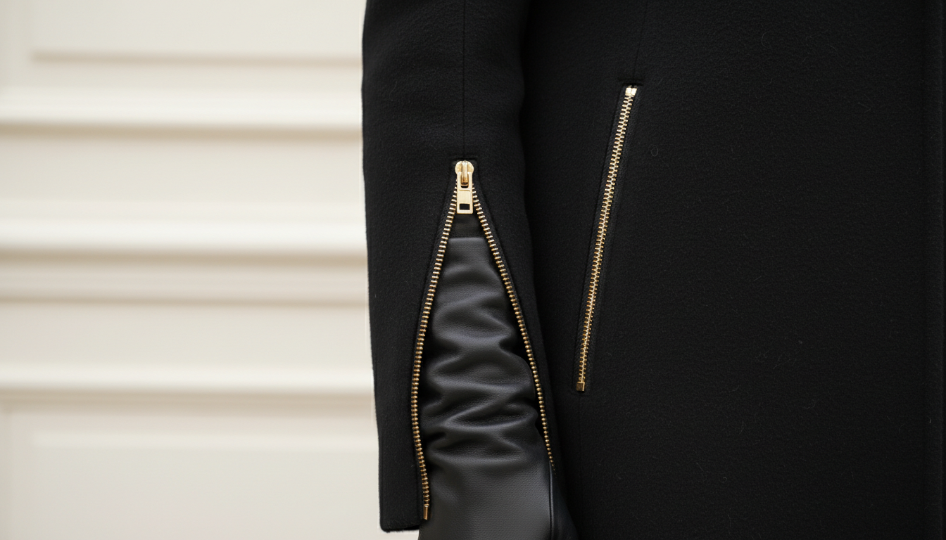 Крупный план: рукав черного шерстяного пальто с золотой молнией, расстегнутой до локтя, показывающий длинную кожаную перчатку.