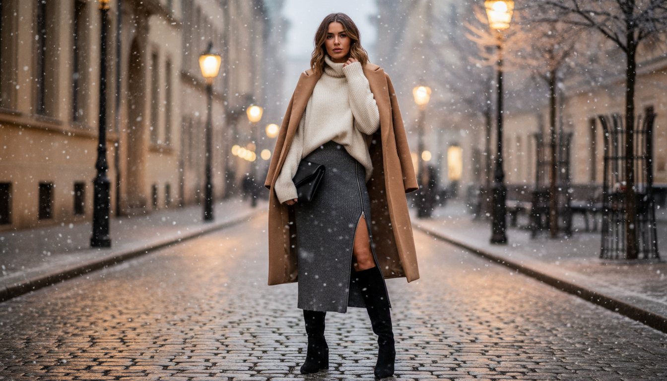 Стилизованный зимний образ: серая трикотажная юбка-макси с боковыми молниями, расстегнутыми до середины бедра, и объемный свитер оверсайз.