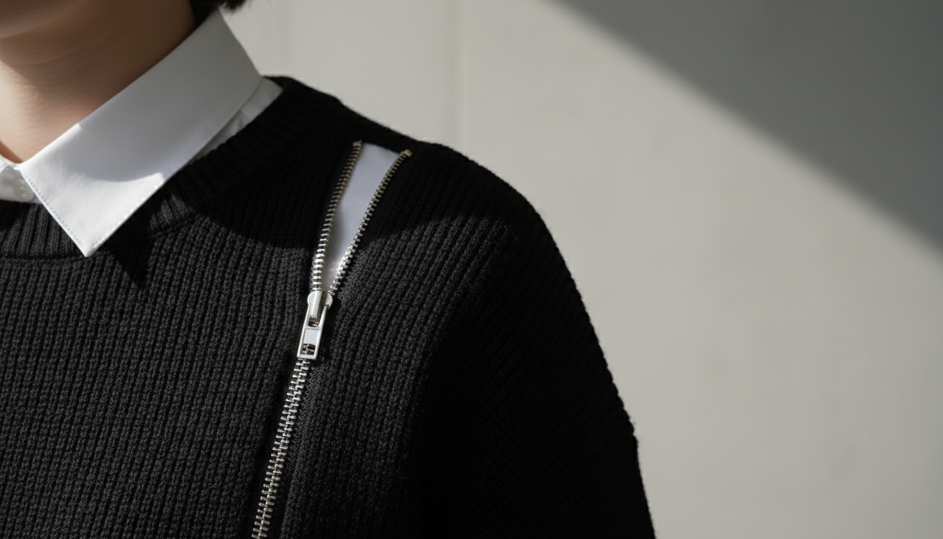 Черный трикотажный свитер с молнией на плече, расстегнутой, чтобы показать тонкую белую рубашку, выглядывающую из-под него. Акцент на тяжелой металлической молнии.