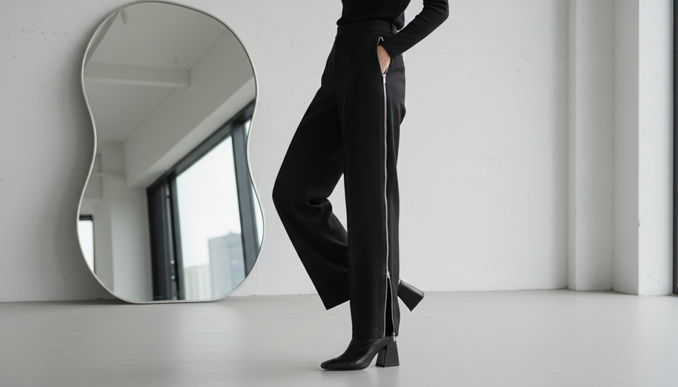 Стилизованный образ: черные широкие брюки с молниями-разрезами по бокам, демонстрирующие ботильоны на скульптурном каблуке.