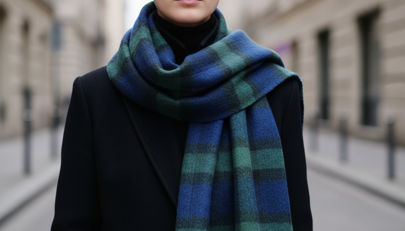 Крупный шерстяной шарф в сине-зеленую шотландскую клетку, небрежно накинутый на черное пальто с высоким воротником.