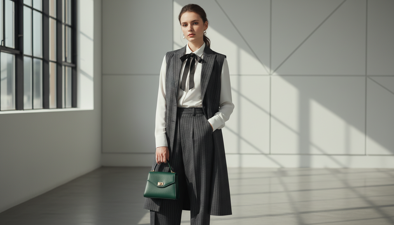 Девушка в длинном жилете из шерсти в тонкую полоску, стилизованном с белой рубашкой и галстуком-бантом.