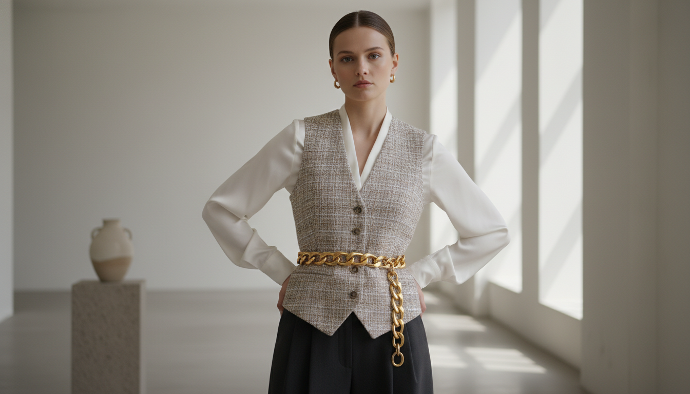 Стилизация: Жилет из твида с массивной золотой цепью-поясом, акцентирующей талию.