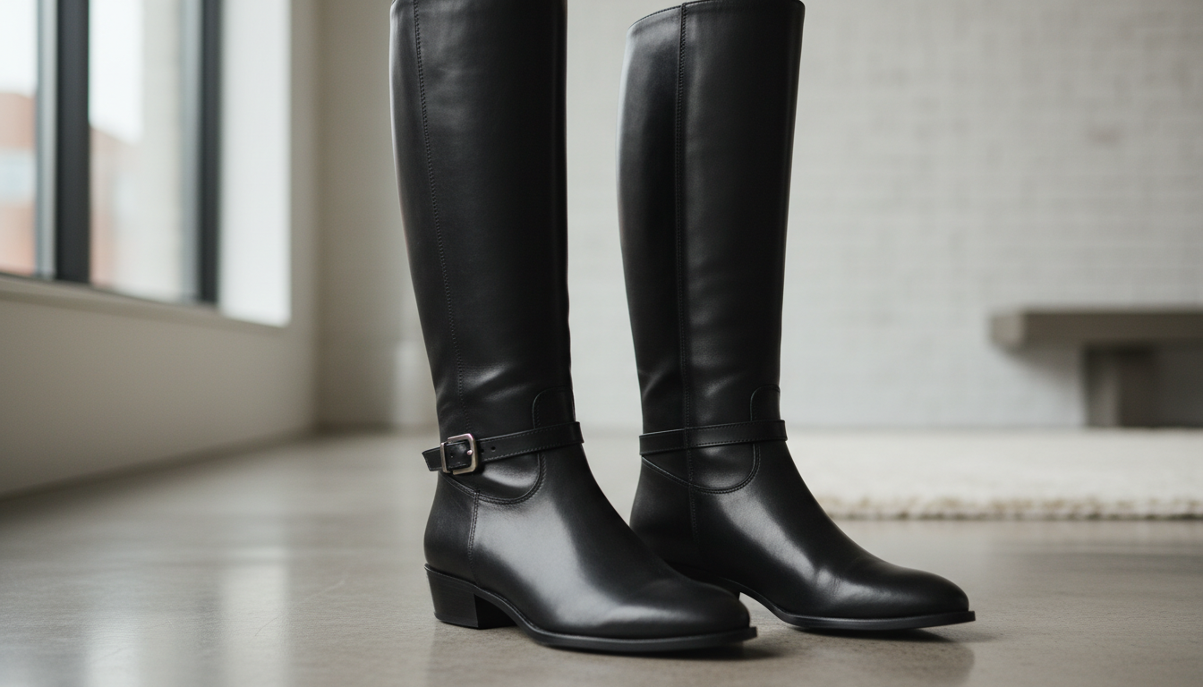 Крупный план высоких черных кожаных сапог-жокей с минималистичной пряжкой у щиколотки.