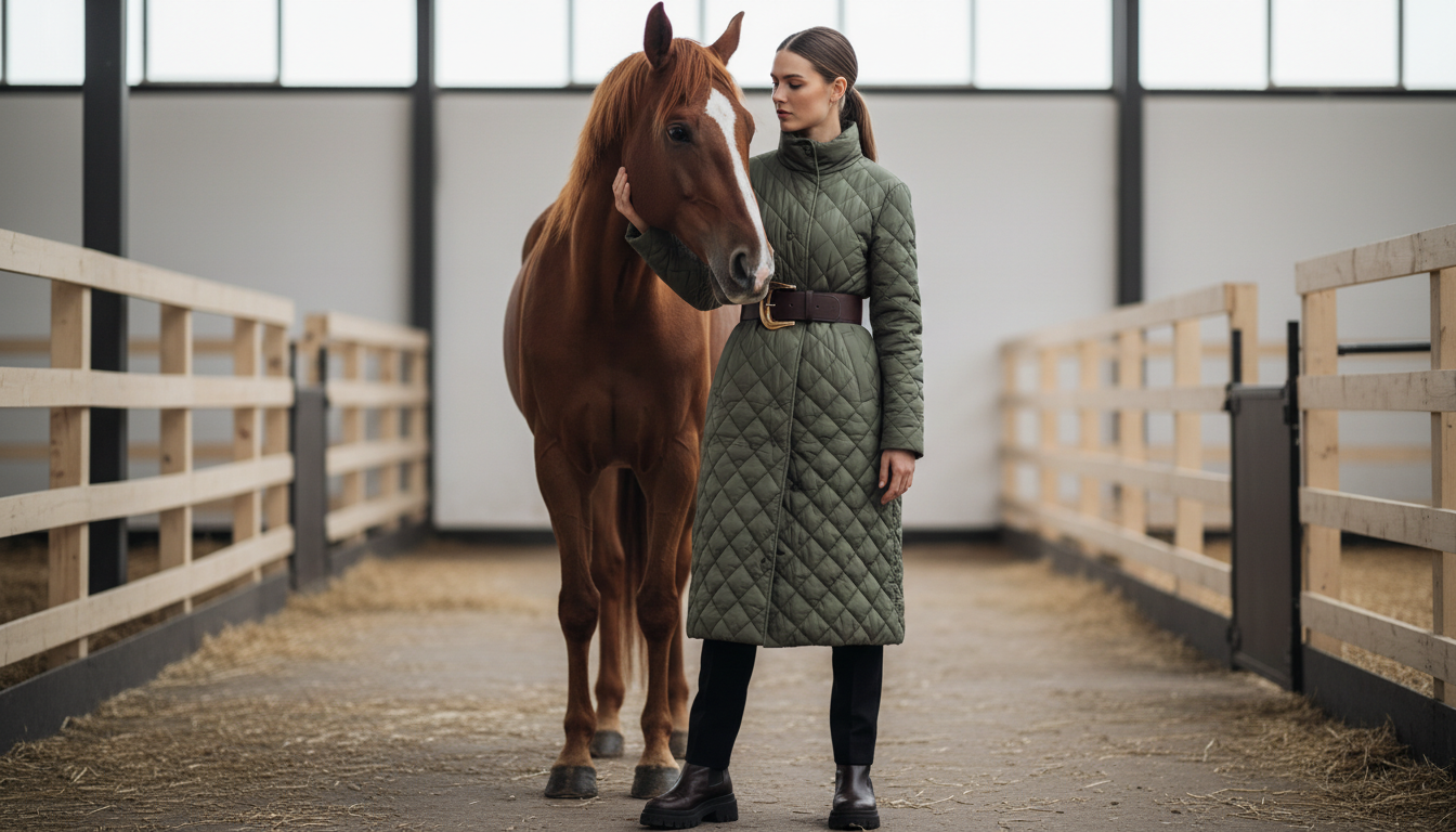Стилизованный образ: Длинная стеганая куртка, перехваченная широким кожаным поясом, на модели, стоящей рядом с лошадью.