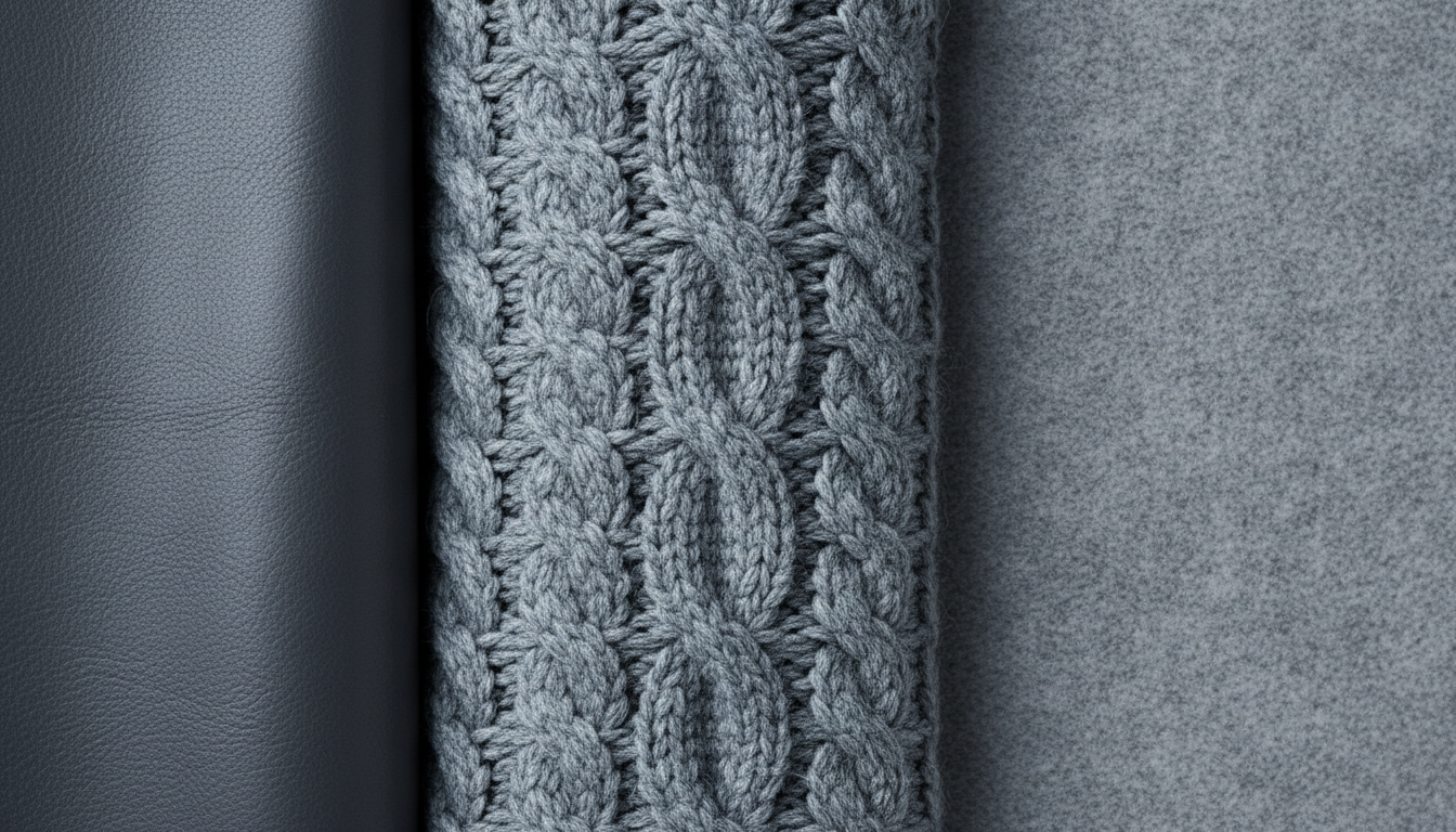 Крупный план, показывающий сочетание трех разных фактур серого: гладкой кожи, объемной вязки и матовой шерсти.