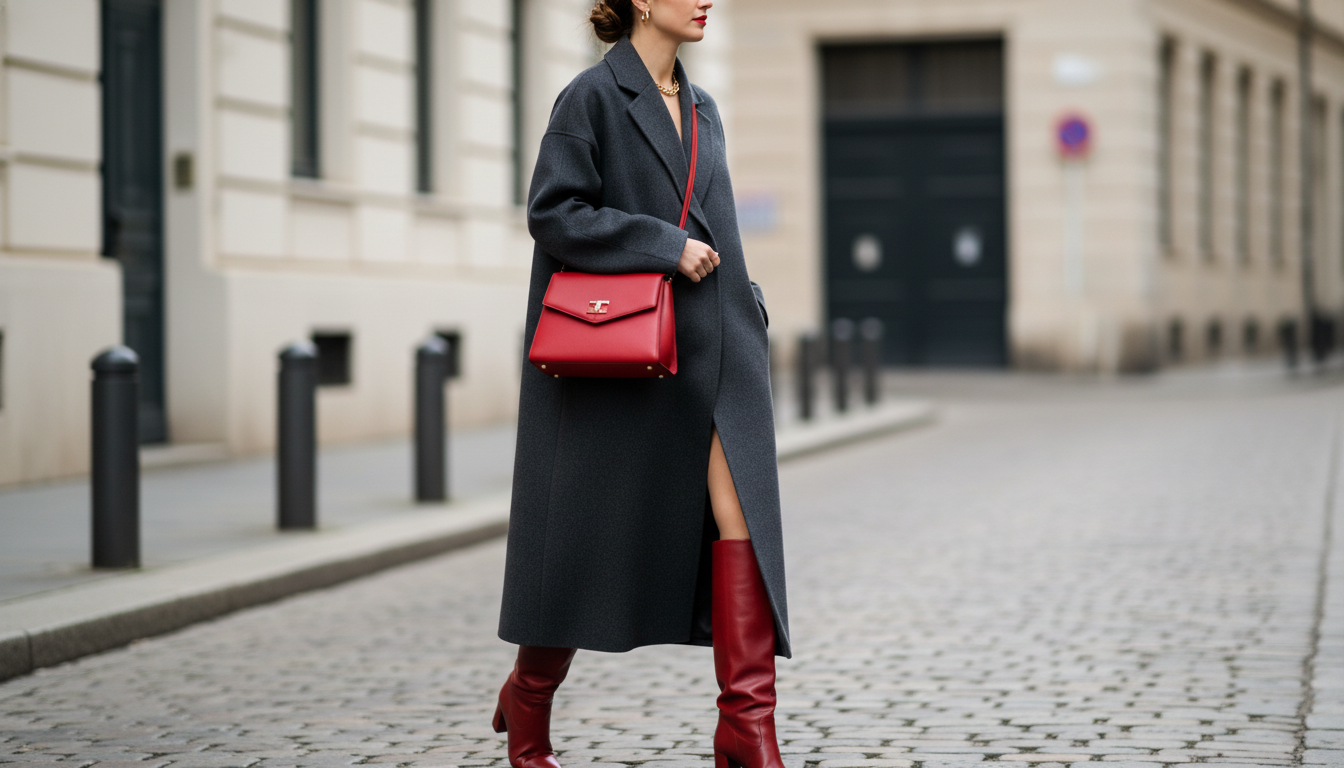 Девушка в длинном пальто мышиного серого цвета, стилизованном с ярко-красной сумкой и высокими сапогами.