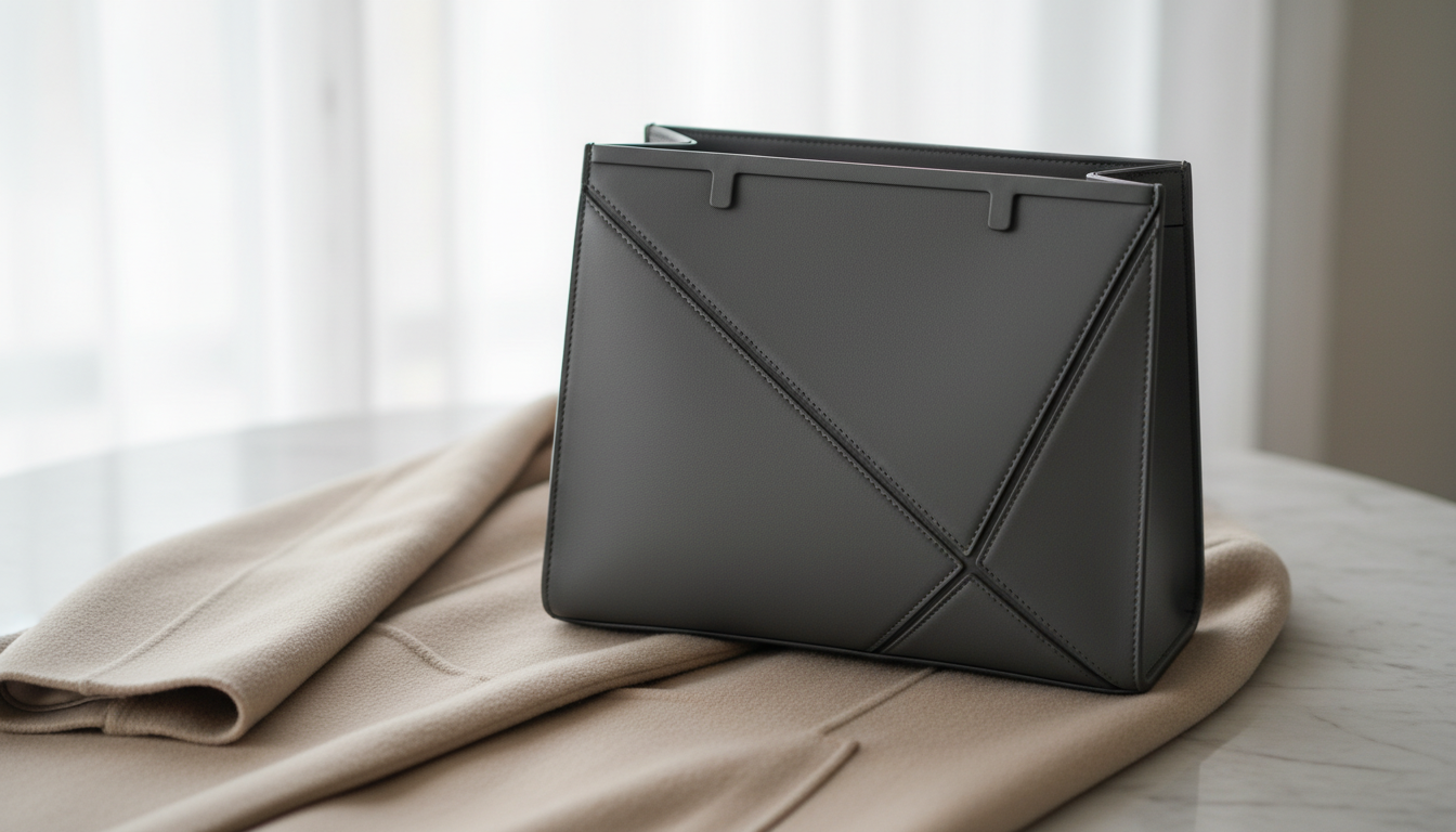 Крупный план серой сумки-тоут с жестким каркасом и геометрическим дизайном, лежащей на кашемировом пальто.