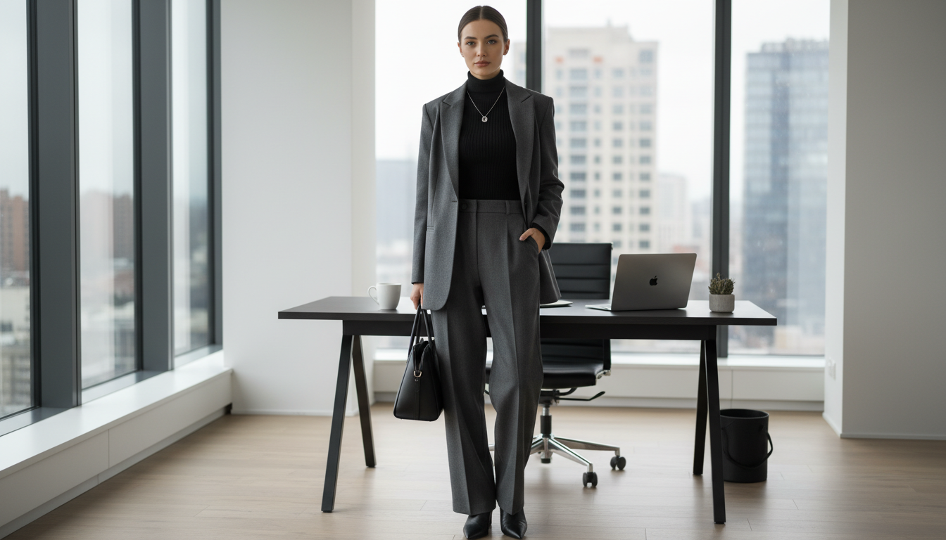 Стилизация для офиса: Женщина в сером костюме с широкими брюками, под жакетом виден тонкий черный трикотаж в рубчик с высоким воротником.