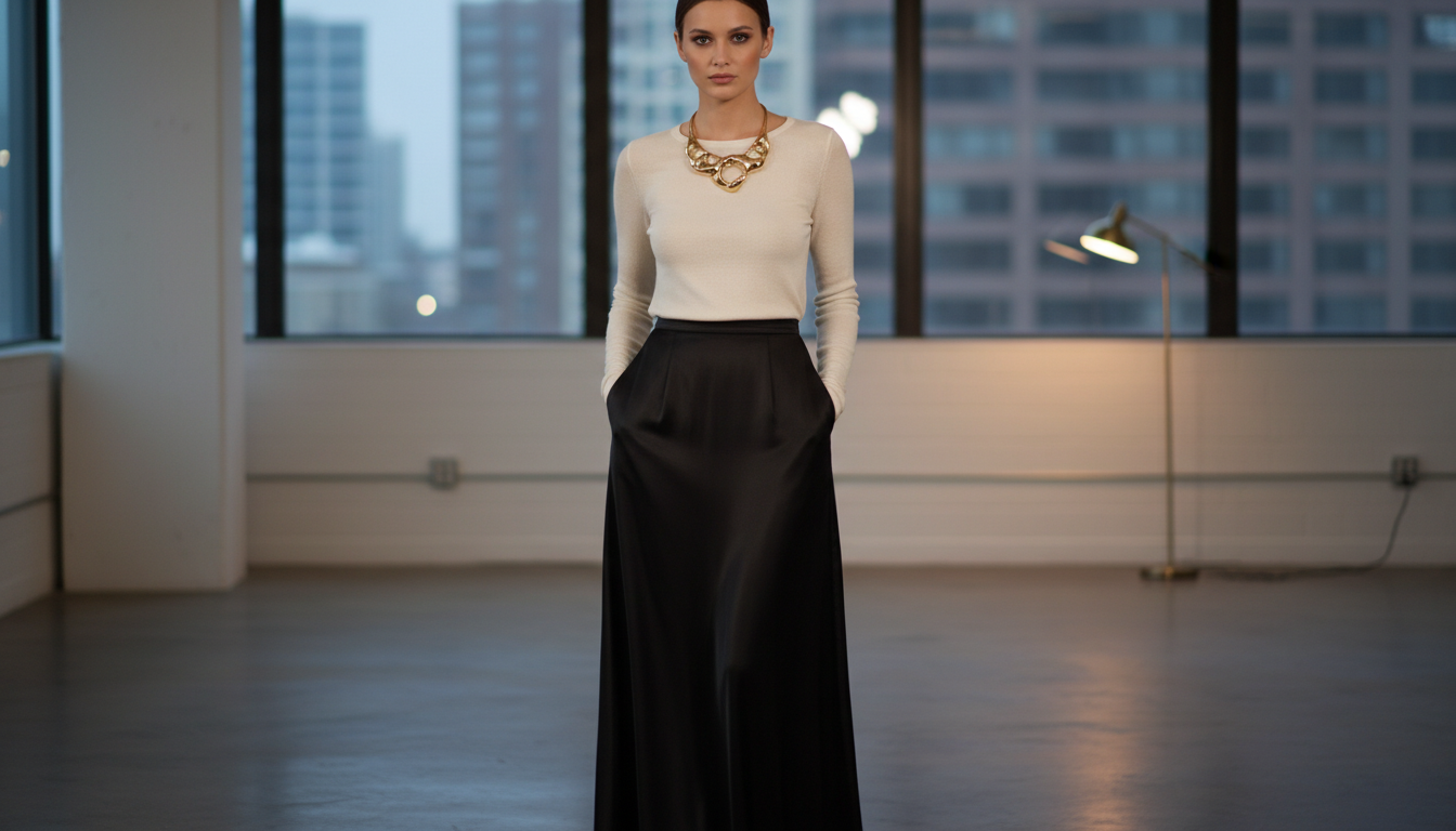 Вечерний образ: Тонкий трикотажный лонгслив с длинными рукавами, заправленный в черную атласную юбку-колонну, с акцентным золотым колье.