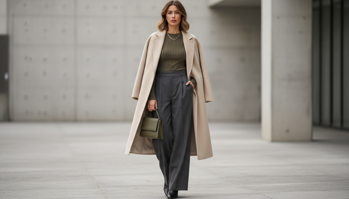 Модель в полный рост, демонстрирующая идеальную многослойность: тонкий трикотаж в рубчик, заправленный в широкие брюки, и объемное пальто нараспашку.