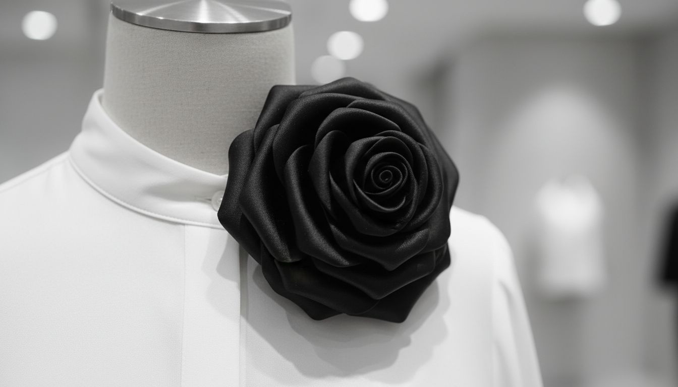 Крупный план гипертрофированной черной атласной розы, прикрепленной к воротнику-стойке белой блузки.