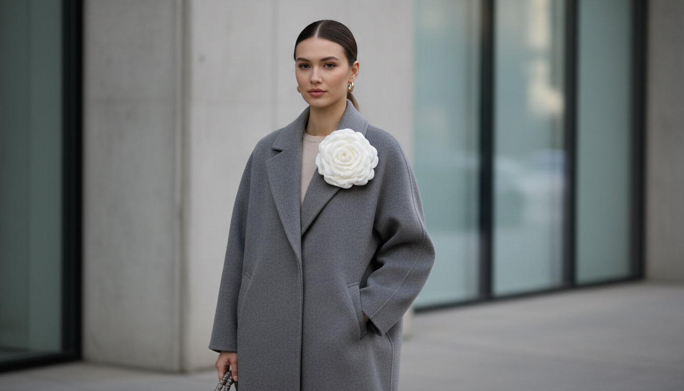 Девушка в объемном шерстяном пальто мышиного серого цвета, на лацкане которого приколота крупная белая роза из плотной ткани.