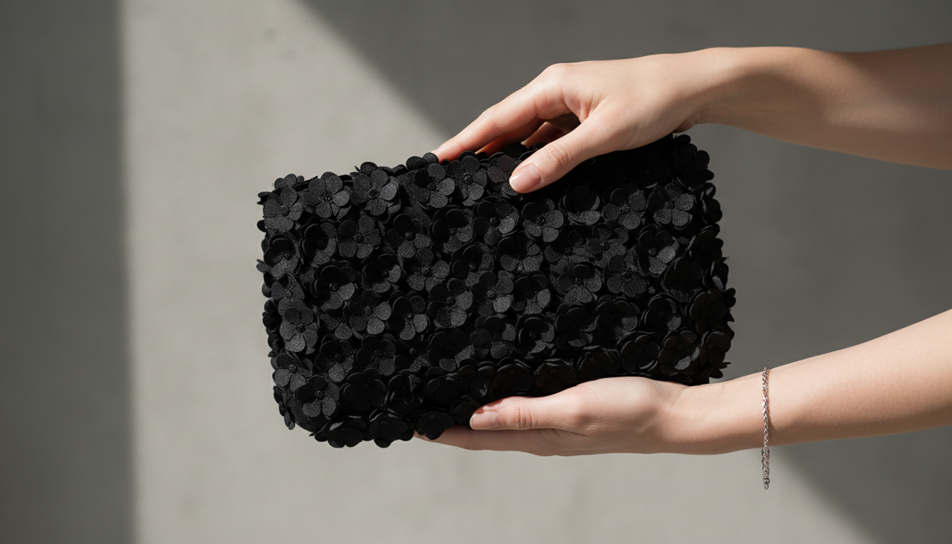 Крупный план черной сумки-клатча, полностью декорированной мелкими 3D-цветами.