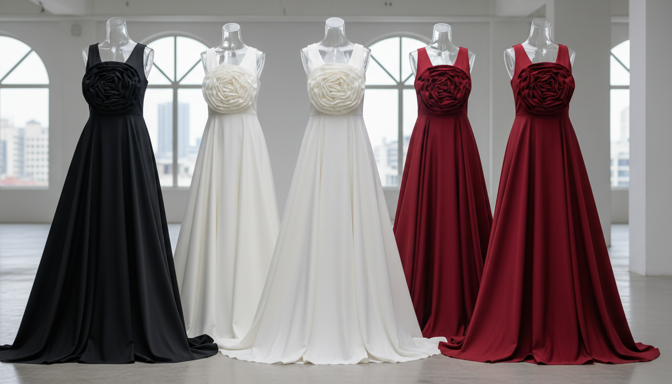Ряд одинаковых платьев в разных цветах (черный, белый, красный), каждое из которых украшено крупной розеткой на груди.