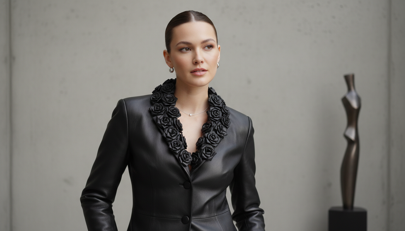 Модель в черном кожаном жакете, украшенном миниатюрными, но графичными черными кожаными розетками по всему краю воротника.
