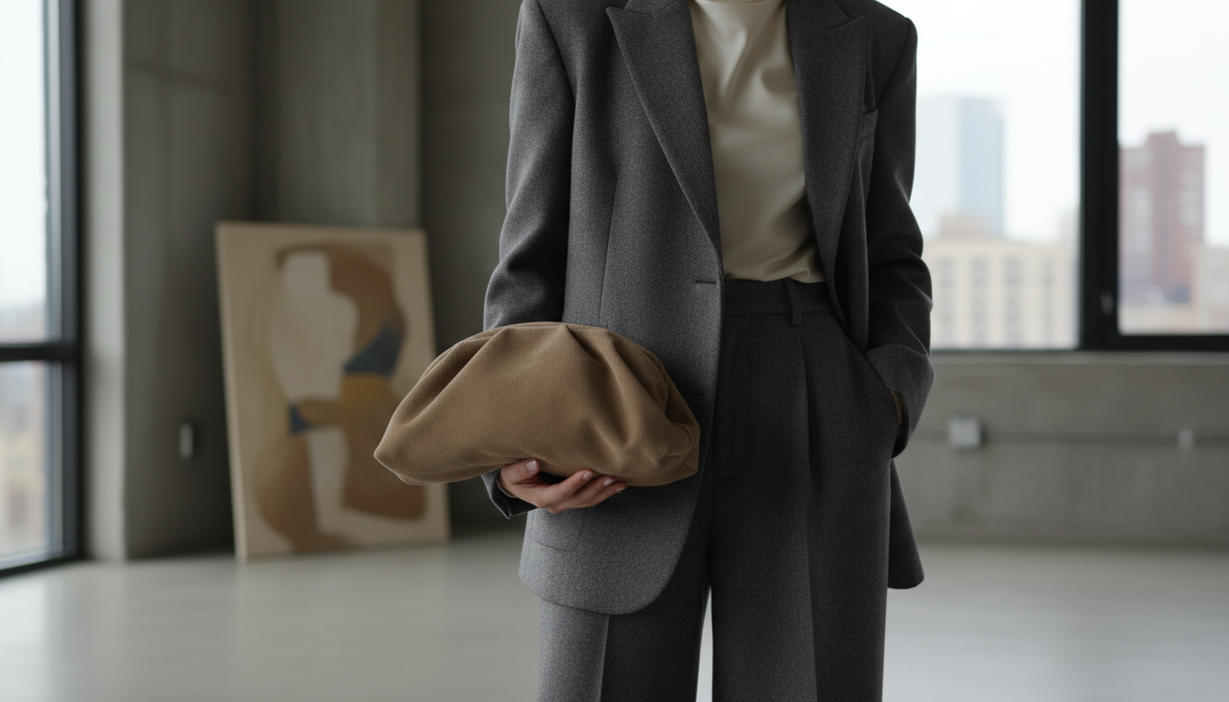 Сумка-пельмень из мягкой замши в сочетании с шерстяным костюмом.